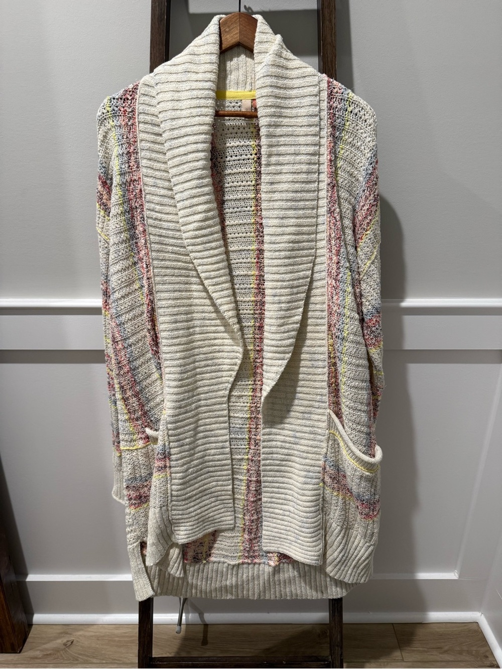 Pilcro Cream Shawl-Collar Cardigan with Pastel Pink, Yellow, and Blue Stripes